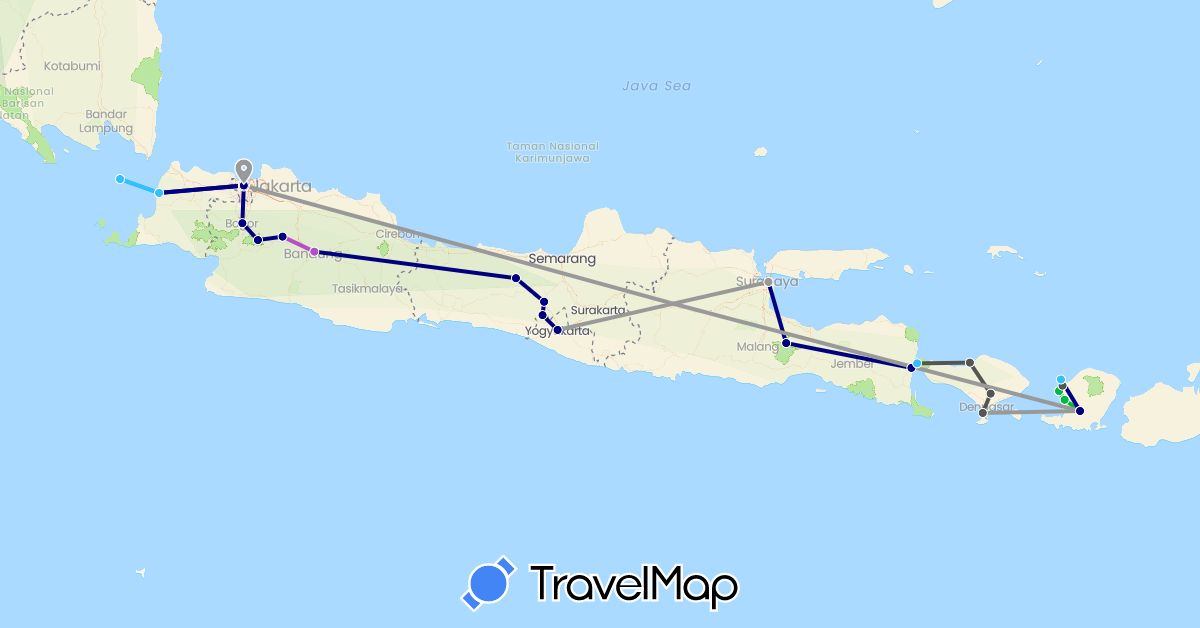 TravelMap itinerary: driving, bus, plane, train, boat, motorbike in Indonesia (Asia)